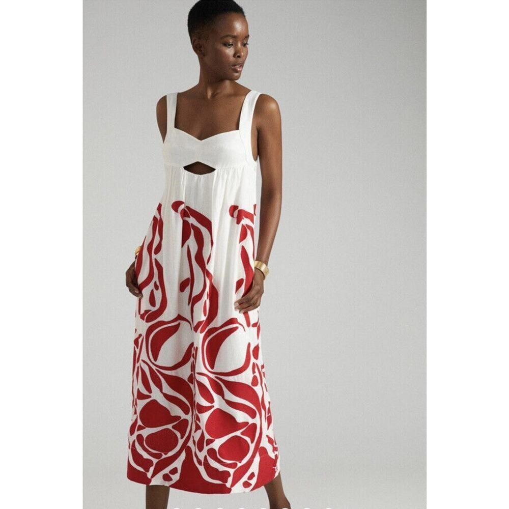 Anthropologie Front Cutout Maxi Dress Size XSmall White Red Sleeveless